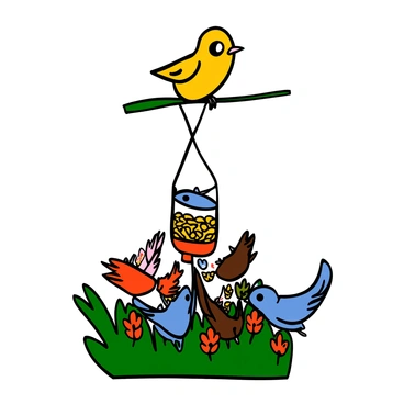 A small bird with bright yellow feathers is perched on a thin, green branch. Its eyes are wide and expressive, reflecting a sense of longing. Below, a flock of birds with various colors, including red, blue, and brown feathers, are gathered around a vibrant garden feeder filled with seeds. The garden is lush, with colorful flowers and green leaves surrounding the feeder. The small bird tilts its head slightly, watching the others as they enjoy their meal, conveying envy and desire.