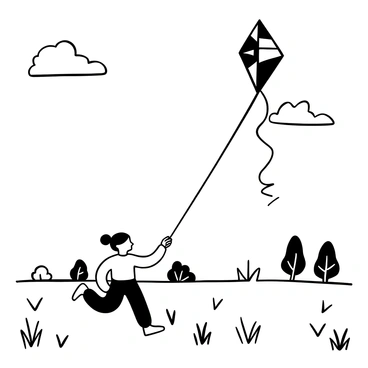 A child running joyfully in an open field, holding a long string attached to a large kite soaring high in the sky. The kite is designed with various geometric shapes and patterns. The field is filled with tall grass swaying gently in the wind, and there are a few distant trees on the horizon. The clouds are scattered across the sky, indicating a breezy September day.