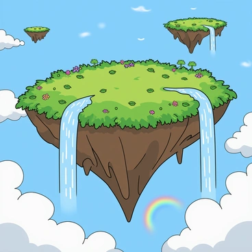 A large, lush floating island suspended in a bright blue sky, surrounded by fluffy white clouds. The island is covered in vibrant green vegetation, with colorful flowers dotting its surface. Tall, dramatic waterfalls cascade from the edges of the island, plummeting into the clouds below. The water glistens in the sunlight, creating a mist that catches the light, forming small rainbows. In the distance, more floating islands can be seen, each with unique shapes and greenery.