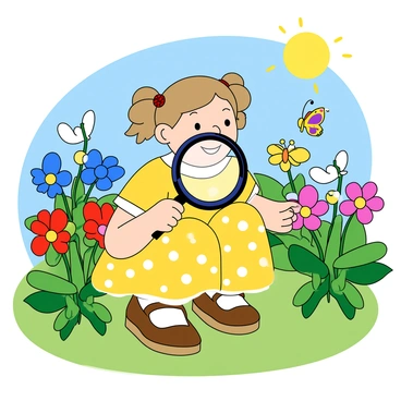 A young cartoon girl with light brown hair tied into two pigtails is crouched down in a vibrant garden. She has large, expressive eyes and is wearing a bright yellow dress adorned with white polka dots. In her right hand, she holds a large, round magnifying glass, peering curiously at a small, colorful butterfly perched on a purple flower. Surrounding her are an array of blooming flowers in various colors, including red, blue, pink, and yellow. The bright green leaves provide a lively backdrop, and a cheerful sun is shining in the clear blue sky above.