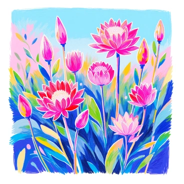 A vibrant arrangement of "protea flowers" is depicted, showcasing their large, spiky petals in varying shades of pink and red. The flowers are surrounded by lush green leaves, emphasizing their natural beauty. Several "blooming buds" are visible, displaying hints of vibrant colors, ready to open fully. The scene captures the essence of "springtime," with the flowers standing tall under a bright blue sky. The overall composition highlights the lively atmosphere of the season.