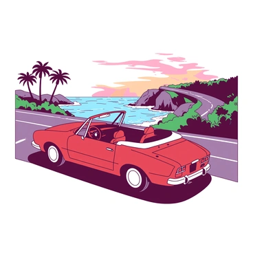A red convertible car is driving along a coastal highway. The road winds next to the ocean, with waves crashing against the rocky shore. The sky is illuminated with soft orange and pink hues as the sun rises above the horizon. In the foreground, there are lush green cliffs and scattered palm trees lining the roadside. The car has its top down, and the wind is gently blowing, creating a sense of movement and freedom.