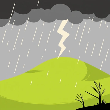 A dramatic scene of a "lightning bolt" striking a "distant hilltop" during a "storm." The sky is filled with dark gray clouds swirling ominously, casting shadows over the landscape. The "lightning" illuminates the hilltop, revealing patches of green grass and small rocks. Rain is pouring down in diagonal lines, adding to the intensity of the scene. In the foreground, there are sparse trees bending with the force of the wind, and a few droplets of rain are captured as they fall.