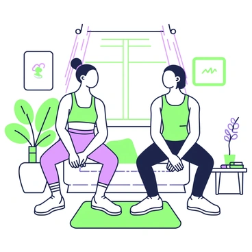Two friends are performing squats side by side in a cozy living room. One friend has long hair tied up in a ponytail, and the other has short hair. Both are wearing comfortable workout clothes. The living room features a soft rug on the floor and a small coffee table with a few books on it. A potted plant is positioned in the corner, adding a touch of greenery to the space. The friends are smiling at each other, demonstrating camaraderie and support as they encourage one another to maintain their form during the exercise. Natural light streams in through a window, illuminating the scene.