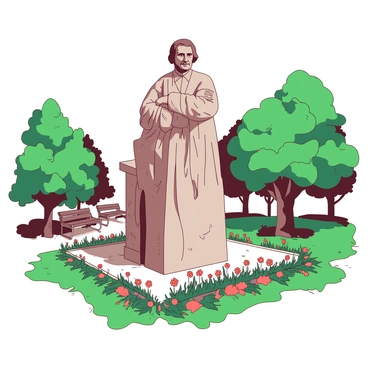 A large, detailed statue depicting a historical figure stands prominently in the center of a city park. The statue is made of a textured stone material, showing intricate carvings and features that reflect the character's significance. Surrounding the statue, vibrant green grass and blooming flowers create a lively atmosphere. The statue has tears flowing down its face, which shimmer and change colors when illuminated by sunlight, displaying hues of red and yellow. The park's benches and trees frame the background, complementing the scene.