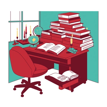 A teal study corner is filled with stacks of red law books piled high on a mahogany desk. The books are open, revealing their pages illuminated by the warm glow of several red candles arranged around the desk. The flickering candlelight casts gentle shadows, creating a cozy atmosphere. A comfortable chair upholstered in a rich red fabric is positioned near the desk, inviting one to sit down and read. A small teal globe rests on a nearby shelf, adding to the scholarly ambiance of the space.