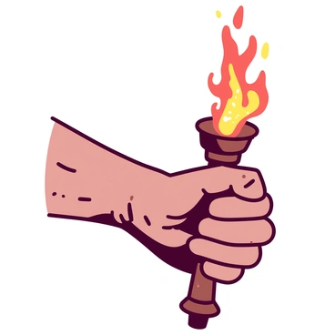 A close-up of a hand with intricate details and strong veins, gripping a glowing torch with a bright flame. The torch has a dark metallic handle, and the flame emits a warm, vibrant light that casts a soft glow around. The skin of the hand shows a rough texture, indicating strength and age. The background is softly blurred, allowing the focus to remain on the hand and the torch.