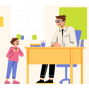 A small child with short brown hair stands beside a wooden desk, looking up at a teacher. The child has a hopeful expression, hands clasped together in front of them. The teacher, a tall figure with glasses, sits at the desk, looking down with a kind smile. The classroom has colorful posters on the walls and a large window letting in sunlight. A few books and a pencil holder are visible on the desk, and a green chalkboard is in the background.