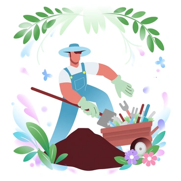 A gardener is turning a compost heap with a pitchfork in the center of a lush garden. The gardener is wearing a wide-brimmed hat and a pair of gloves while handling the pitchfork, which is partially embedded in the compost. Surrounding the compost heap are vibrant plants with green leaves and colorful flowers. Butterflies are fluttering nearby, and a wooden wheelbarrow filled with gardening tools is positioned to the side. The sunlight filters through the leafy branches above, creating a warm glow over the entire scene.