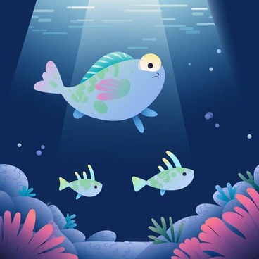 A family of anglerfish is swimming together in the dark depths of the ocean. The parent anglerfish, larger in size, has a bioluminescent lure glowing softly above its head. Two smaller anglerfish, possibly offspring, are close by, featuring their own distinct lures, one with a bright blue glow and the other with a soft green hue. Surrounding them is a landscape of deep-sea corals and rocky formations, providing a textured and intricate background. The water is a deep navy blue, with faint light filtering down from above, illuminating the family as they explore their environment.