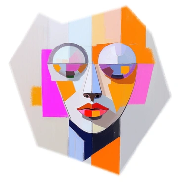 A face created entirely from geometric shapes and lines is centered in the image. The eyes are represented as large circles, filled with smaller shapes that create a pattern, and the nose is depicted using a triangle, positioned above a wide, horizontal rectangle serving as the mouth. Each shape is outlined with bold lines, and the overall arrangement creates a striking visual impact. The color palette consists of vibrant hues, enhancing the distinct geometric features of the face.