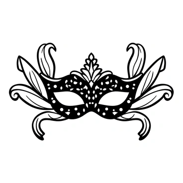 A decorative masquerade mask positioned in the center of the image. The mask is intricately designed, featuring an ornate pattern that covers its surface. It is adorned with delicate feathers that cascade from the sides, creating an elegant frame. Various sparkling jewels are embedded in the mask, catching the light and creating a dazzling effect. The mask is set against a plain background to emphasize its detailed craftsmanship.