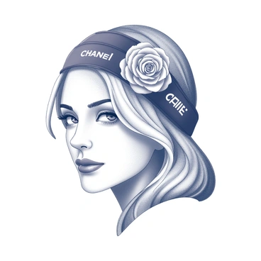 A model is wearing a headband that features a large fabric rose prominently positioned on the side. Alongside the rose, the headband displays the "Chanel" logo, elegantly integrated into the design. The model's hair is styled in soft waves, framing her face. She is looking slightly to the side, allowing for a clear view of both the headband and her expression. The setting is minimalistic, drawing attention to the intricacies of the headband and the model's features.