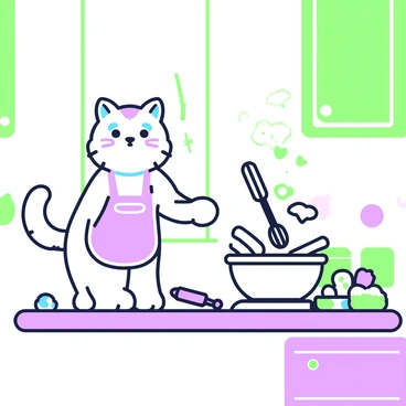 A ragdoll cat is standing on its hind legs at a kitchen counter, actively baking cookies. The cat has fluffy fur and blue eyes, wearing a small apron. Flour is flying up in the air as the cat mixes ingredients in a large bowl with a whisk. On the counter, there are scattered cookie dough pieces and a rolling pin. In the background, bright cabinets and a window are visible, allowing light to stream in, illuminating the playful mess. A tray of cookies is positioned next to the cat, ready to go into the oven.