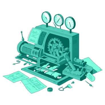 A teal complex machine is situated at the center of the image, featuring various gears, levers, and pipes intricately connected. The machine has multiple compartments, each filled with small tools and parts. Around the machine, there are scattered blueprints and sketches that display detailed designs and annotations. Above the machine, a series of gauges and dials are prominently visible, showcasing various readings. The overall composition presents the machine in an engaging and dynamic layout, emphasizing its complexity and functionality.
