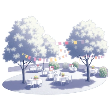 A garden set for a party on a sunny day. The scene includes several trees with colorful bunting strung between their branches, creating a festive atmosphere. There are tables arranged with white tablecloths, adorned with various decorative elements. Chairs are placed around the tables, some occupied by guests enjoying refreshments. In the background, blooming flowers in various arrangements add a lively touch to the setting. The grass is well-kept and the sunlight casts soft shadows on the ground, enhancing the cheerful ambiance.