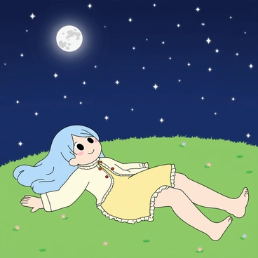 A cute anime girl with large, expressive eyes and long, flowing blue hair is lying on a grassy hill. She is wearing a light yellow dress with frills and a short white cardigan. Her arms are stretched out beside her, and she has a peaceful smile on her face as she gazes up at the night sky. The grassy hill is lush and green, dotted with small, colorful flowers. Above her, the night sky is filled with bright, twinkling stars forming various constellations. A large, glowing moon casts a soft light over the scene, enhancing the dreamlike atmosphere.