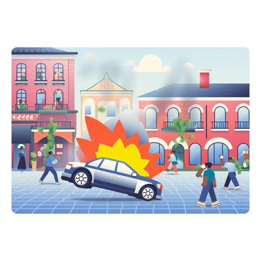A car explosion in a historic town square with cobblestone streets and old buildings