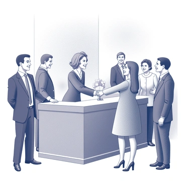 A well-dressed first lady stands at a reception area, greeting citizens with a warm smile. She is surrounded by attendees, both men and women, who are dressed in formal attire. The first lady extends her hand to shake with a female citizen, while another citizen, a man, stands nearby, looking pleased. The reception area is adorned with elegant decorations, including floral arrangements and tasteful lighting that enhances the atmosphere of the event. People are engaged in conversation, with some exchanging smiles and laughter, creating a welcoming environment.