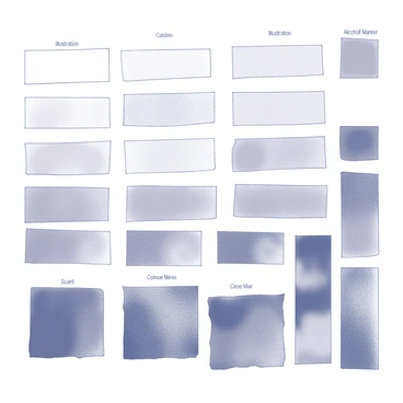 A set of color swatches arranged in a grid layout. The swatches display various shades, demonstrating the vibrancy differences between two mediums: illustration and alcohol markers. Each swatch is labeled to indicate the medium it represents. The illustration swatches exhibit a softer, more blended appearance, while the alcohol marker swatches show bold, uniform colors. The background is plain to highlight the contrast between the swatches.