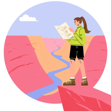 A woman standing on a rugged rock ledge, wearing a green hiking jacket and brown boots. She has long brown hair tied in a ponytail. In her hands, she holds a folded map, looking intently at it. The vast canyon stretches out before her, revealing layers of red and orange rock formations, with a river winding through the bottom. The sky above is bright blue with a few fluffy white clouds scattered. The scene captures a sense of adventure and exploration as she gazes out thoughtfully.