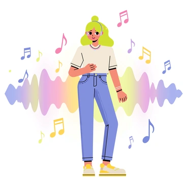 A cartoon-style illustration of a young woman resembling "Billie Eilish" with bright green hair and a modern outfit. She is surrounded by colorful "sound waves" that radiate outward, blending shades of blue, purple, and pink. "Musical notes" float around her in various sizes, some appearing to dance with the rhythm of her music. The background features a soft gradient that enhances the vibrant colors of the sound waves and musical notes.