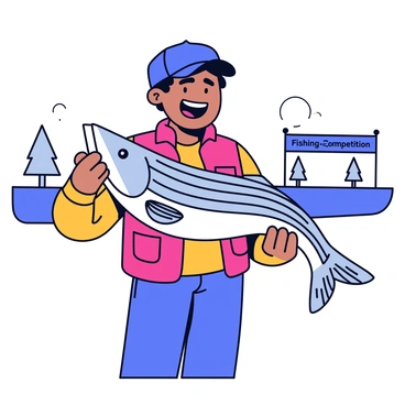 An excited fisherman is standing proudly with a large striped bass in his hands. He has a big smile on his face, showcasing his joy. The fisherman is wearing a bright red fishing vest with multiple pockets. The striped bass has distinct dark stripes across its silver body. The background shows a simple representation of a water body and a few trees. The competition banner is visible in the distance, reading "Fishing Competition."