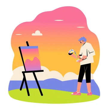 A person standing on a grassy hill, focused on capturing the vibrant colors of a sunset. The sky is filled with shades of orange, pink, and purple, creating a dramatic backdrop. The person is holding a paintbrush and a palette, with various colors of paint visible. An easel stands beside them, displaying a partially completed canvas that reflects the sunset's colors. The person's hair is gently blowing in the breeze, and a few fluffy clouds are scattered across the sky.