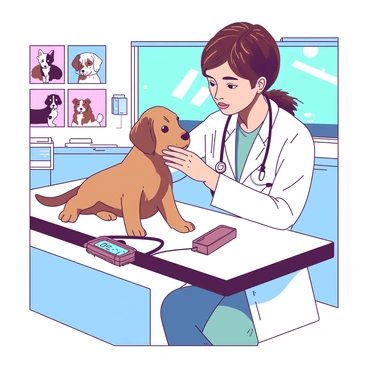 A veterinarian examining a puppy in a pet clinic, with medical equipment and animal posters