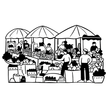 A bustling farmer's market filled with various stalls. Each stall displays an array of fresh produce such as vegetables and fruits, neatly arranged in baskets. There are also stalls overflowing with vibrant flowers in different shapes and sizes. Shoppers are browsing, some examining the produce and others selecting flowers to purchase. In the background, there are large umbrellas providing shade over the stalls, creating a lively atmosphere. The ground is covered with a textured surface, adding to the market's authentic feel.