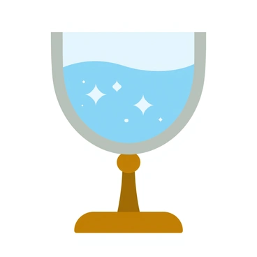 A chalice filled with water, positioned on a wooden table, with light reflecting off the surface of the water and creating sparkling patterns.
