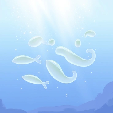 A group of small, translucent krill swimming in clear blue water. Each krill has a delicate, elongated body with tiny legs visible. Surrounding the krill are numerous tiny particles suspended in the water, creating a soft, misty atmosphere. The sunlight filters through the water, casting shimmering reflections on the krill and particles, enhancing the underwater scene.