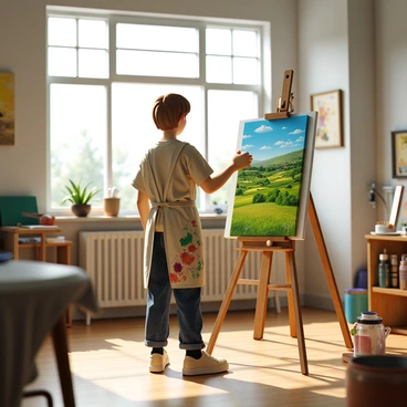 A student with light brown hair, dressed in a paint-splattered apron, stands in a sunlit studio. They are focused on a canvas, which displays a vibrant landscape filled with green fields and a bright blue sky. The studio has large windows allowing sunlight to stream in, illuminating various art supplies scattered around, including brushes and paint tubes. The walls are adorned with other unfinished paintings and sketches that reflect their artistic journey. A sense of determination is evident on the student’s face, showcasing their inspiration from their scholarship to pursue art.