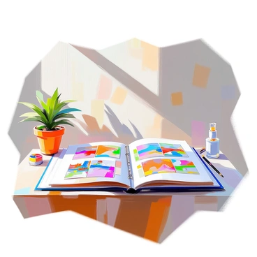 An open portfolio resting on a wooden desk showcases vibrant illustrations. The portfolio displays various colorful artworks, including whimsical characters, intricate landscapes, and abstract designs. The desk has a few art supplies scattered around, such as colored pencils and paint tubes. Natural light streams in from a nearby window, illuminating the illustrations and enhancing their colors. The background includes a simple, clean wall with a small potted plant in the corner, adding a touch of greenery to the scene.