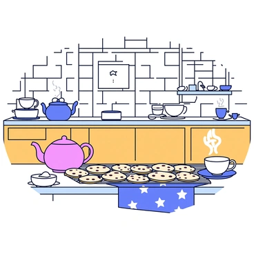 A tea shop kitchen with white tiled walls and wooden cabinetry. In the center, there is a large wooden table covered with a patterned cloth. On the table, a batch of freshly baked cookies with chocolate chips is cooling on a wire rack. Nearby, a steaming teapot with a floral design sits alongside a set of delicate teacups on a saucer. The kitchen is filled with baking utensils, including measuring cups and a mixing bowl, with a small window allowing natural light to brighten the space.
