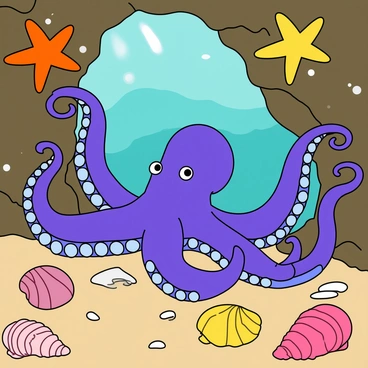 A playful octopus with vibrant blue and purple skin is maneuvering through an underwater cave. Its tentacles are gracefully extending as it examines the rocky walls adorned with bright orange and yellow starfish. Various colorful seashells, including pink conchs and spiral shells, are scattered across the sandy floor. Light filters in through small openings in the cave, illuminating the scene with a shimmering effect. The water around the octopus is a clear turquoise, enhancing the vibrant colors of the marine life.
