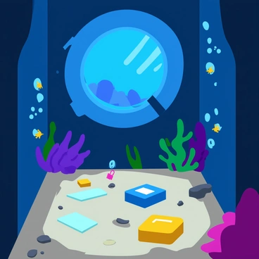 A dimly lit escape room setting submerged underwater. The walls are covered in colorful marine life, with corals and fish swimming around. Various clues, such as lockboxes, pieces of paper, and glowing objects, are gently floating throughout the room. A large, cracked porthole shows a glimpse of the ocean outside, with bubbles rising from it. The floor is covered in sand and small stones, and an eerie light filters through the water, illuminating the clues scattered around.
