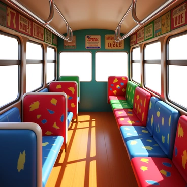 The interior of a vintage bus with colorful patterned seating featuring various geometric shapes and designs. The walls of the bus are adorned with retro signage displaying route information and nostalgic advertisements. The floor is made of polished wood, and there are overhead handrails in a chrome finish. Sunlight streams in through oval windows, casting shadows on the vibrant seats. The atmosphere is filled with a sense of nostalgia and charm, reminiscent of past journeys.