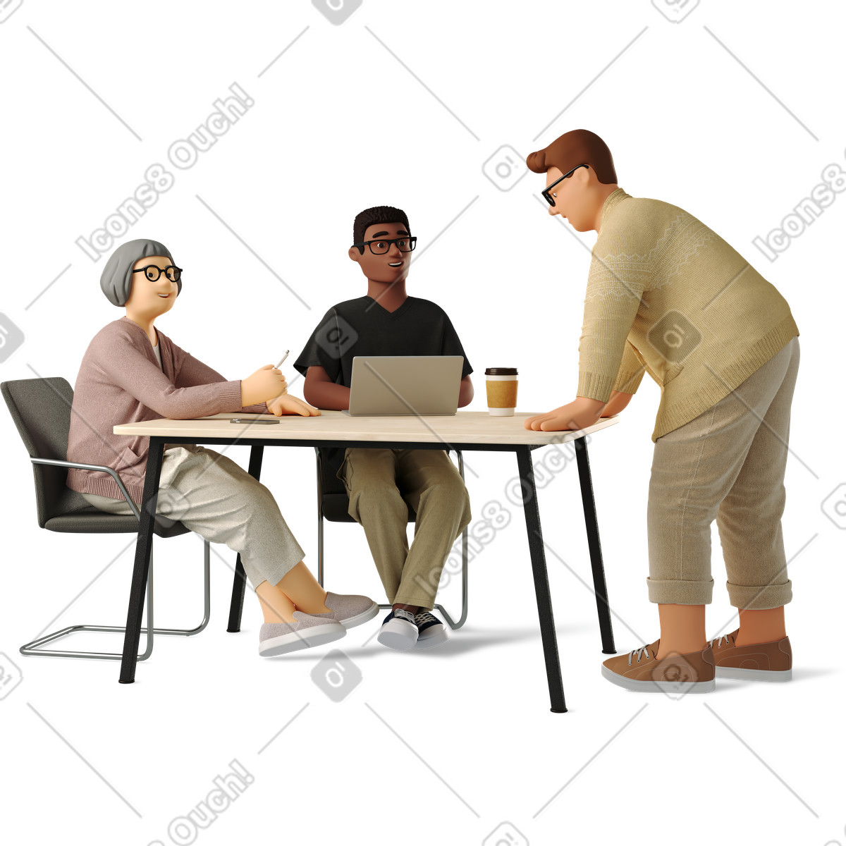 Three coworkers in conversation meeting room discussion clipart illustration graphic