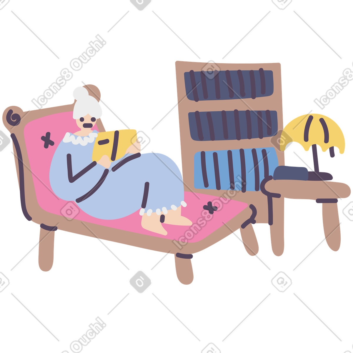 Old woman reading book at home illustration in Pluto style download in PNG, SVG