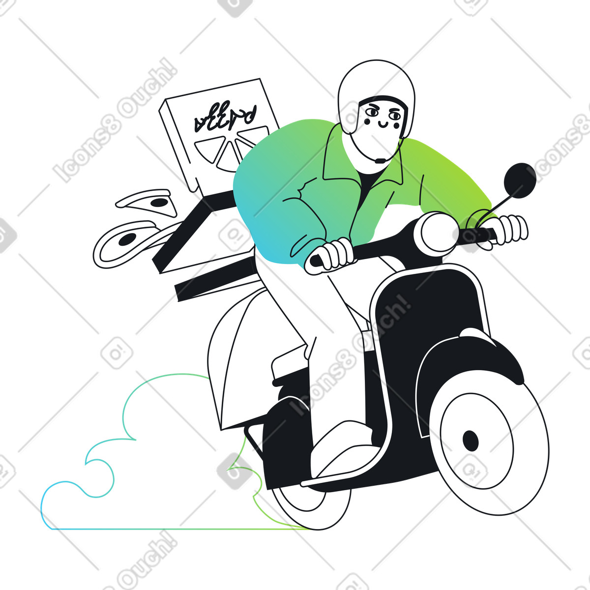 Ilustración Repartidor de pizzas andando en scooter a toda prisa estilo Breeze descargar PNG y SVG