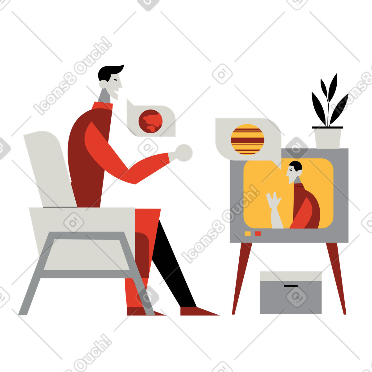 Kommunikation und übersetzung zwischen außerirdischen menschen über das fernsehen-Illustration im Burgundy-Stil als Download in PNG, SVG
