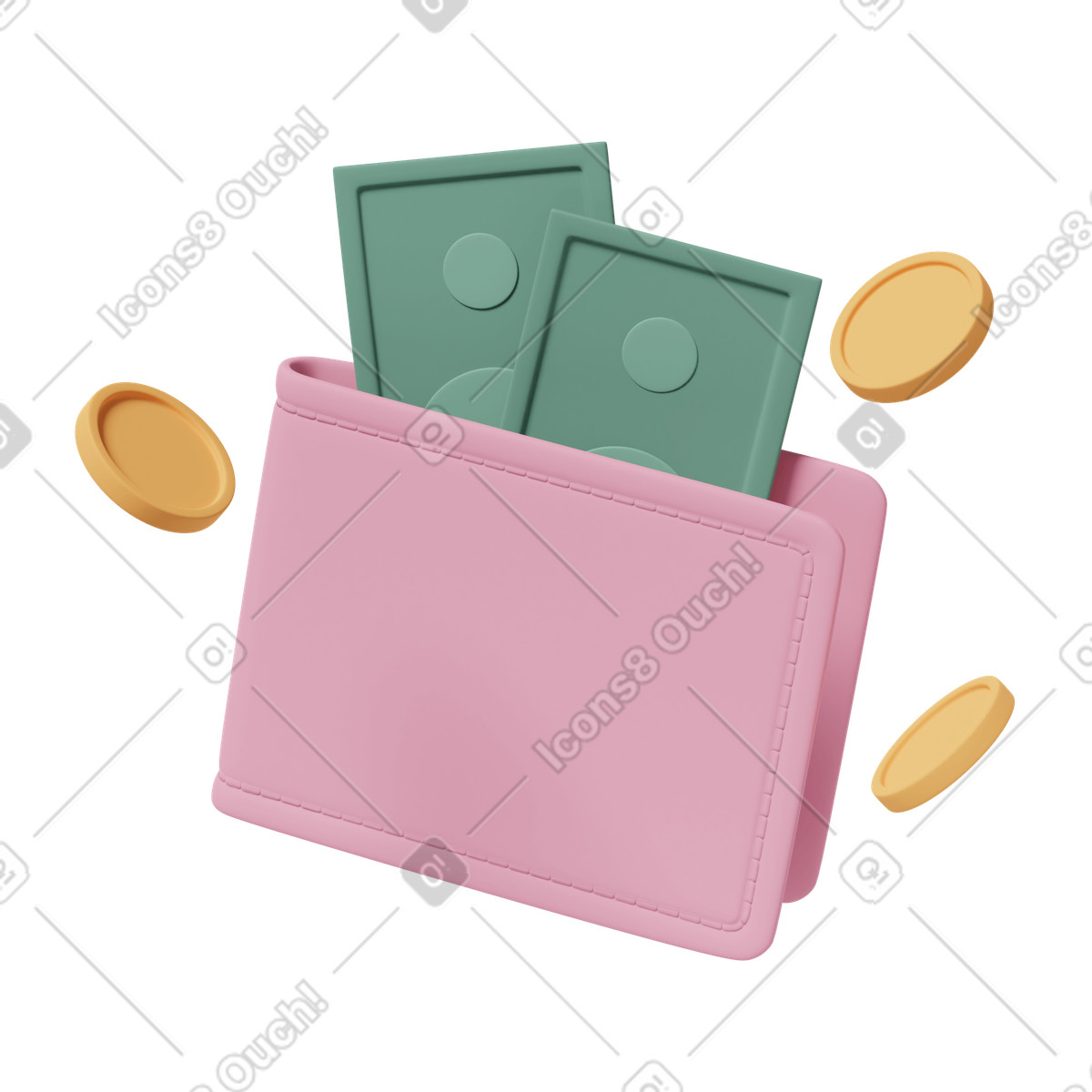 下载 3D Casual life 风格的 Wallet with banknots and coins flying around 插画，支持 PNG、SVG 格式