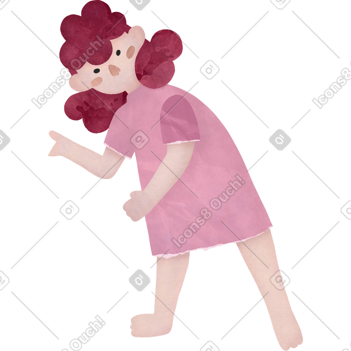 下载 Papery 风格的 Red-haired kid in pastel dress leaning sideways 插画，支持 PNG、SVG 格式