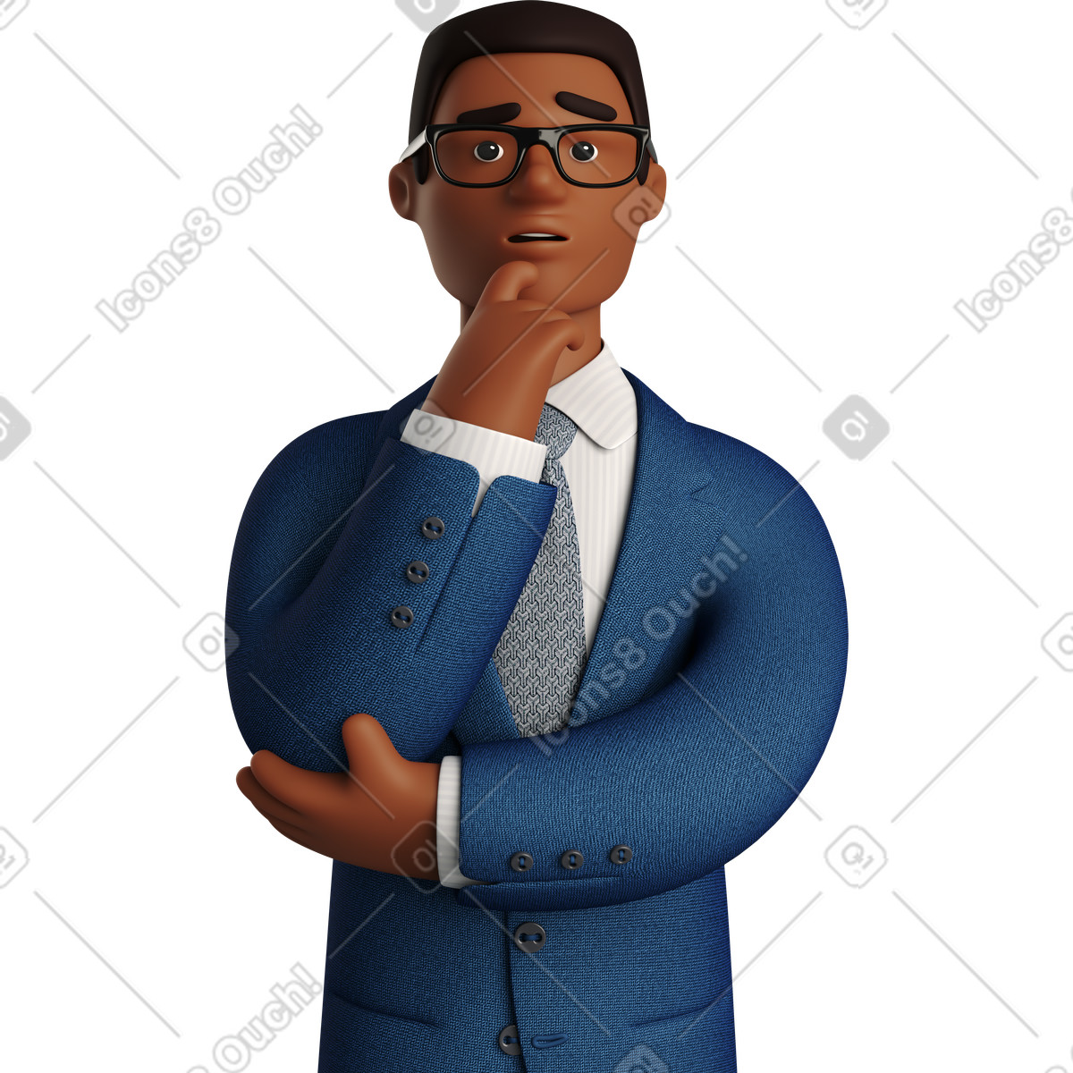 Illustration Black pondering businessman in blue suit dans le style 3D Business à télécharger aux formats PNG, SVG