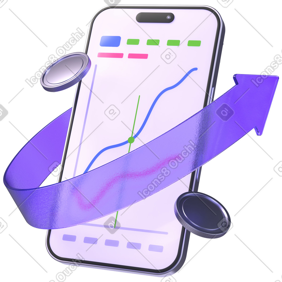 Illustration Téléphone portable avec graphique de tendance à la hausse, suivi des performances l'entreprise dans le style 3D Boost télécharger aux formats PNG, SVG