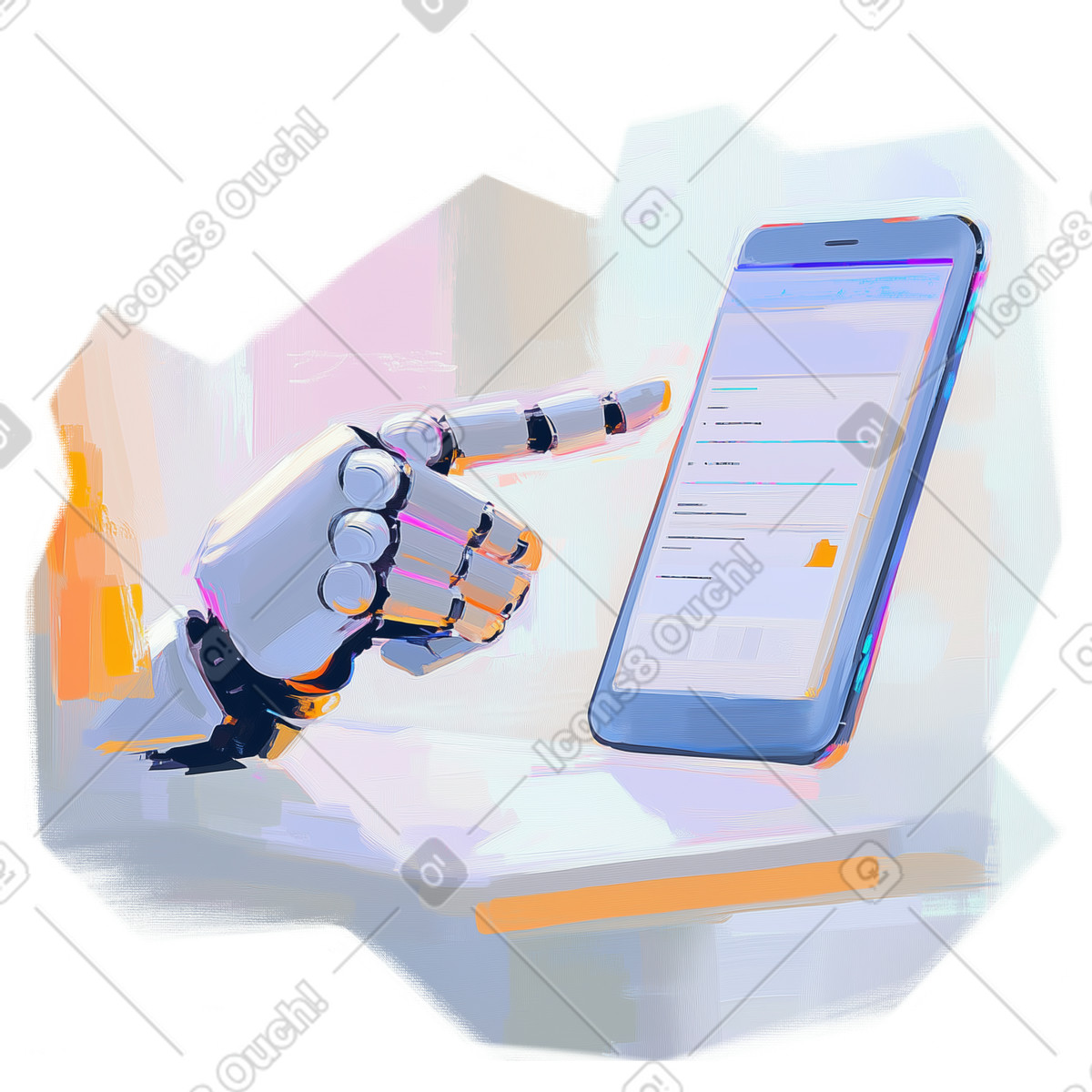 Dipinto ad olio raffigurante una mano robotica che impara dal telefono illustrazione in stile Pictorial scarica in PNG, SVG