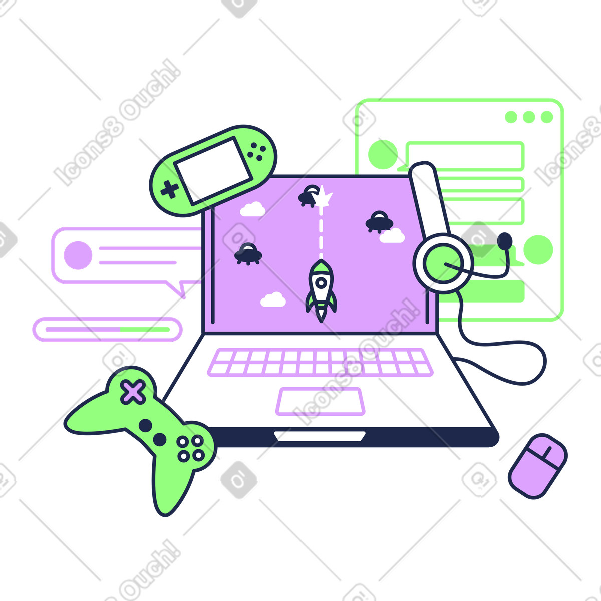 Video game development on computer illustration in Outline style download in PNG, SVG