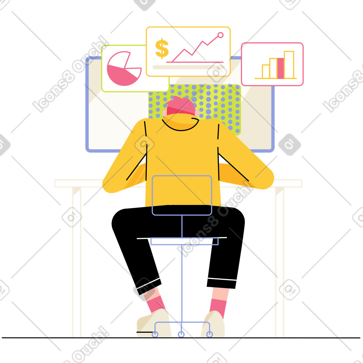 Ilustración Boy analiza gráficos y diagramas en estilo Juicy a descargar en PNG SVG