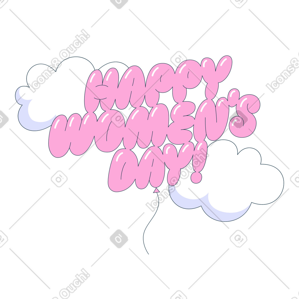 Lettering palloncino con testo happy women's day tra le nuvole illustrazione in stile Bubble gum scarica in PNG, SVG